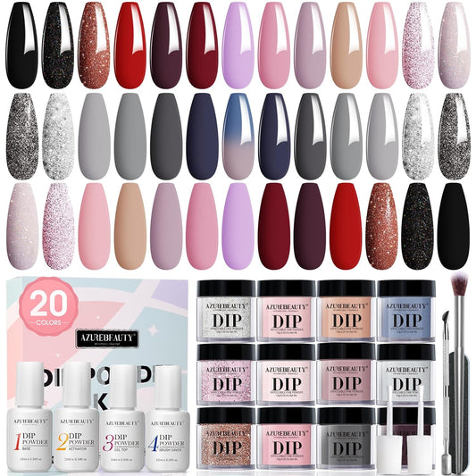 Dip Powder Nail Kit Starter, 20 Colors Glitter Pink Red Black Nude Acrylic Dipping Powder Liquid Set with Base & Top Coat Activator for French Nails Art Manicure DIY Gift for Women